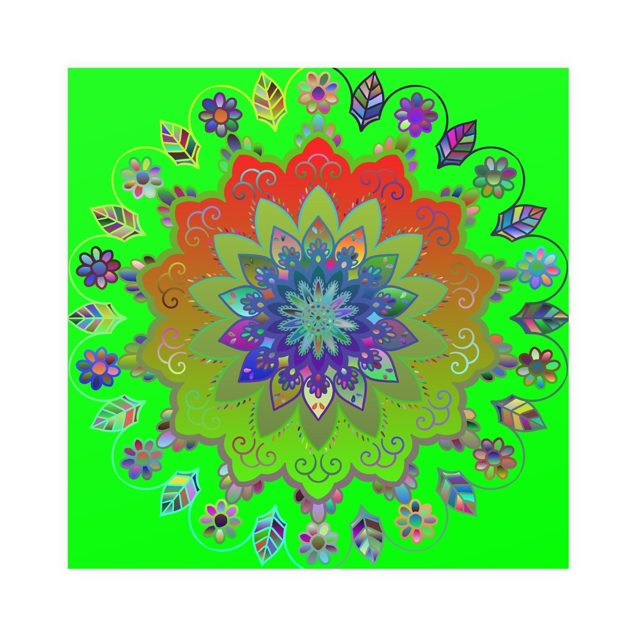 Square Matte Paper Poster Featuring Hand - Drawn Bright Mandala Art - Green - Blululi