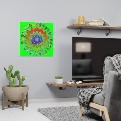 Square Matte Paper Poster Featuring Hand - Drawn Bright Mandala Art - Green - Blululi