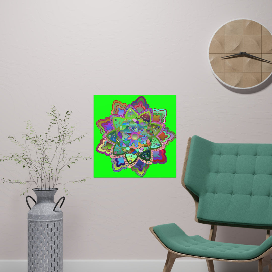 Square Matte Paper Poster Featuring Hand - Drawn Bright Mandala Art - Green - Blululi