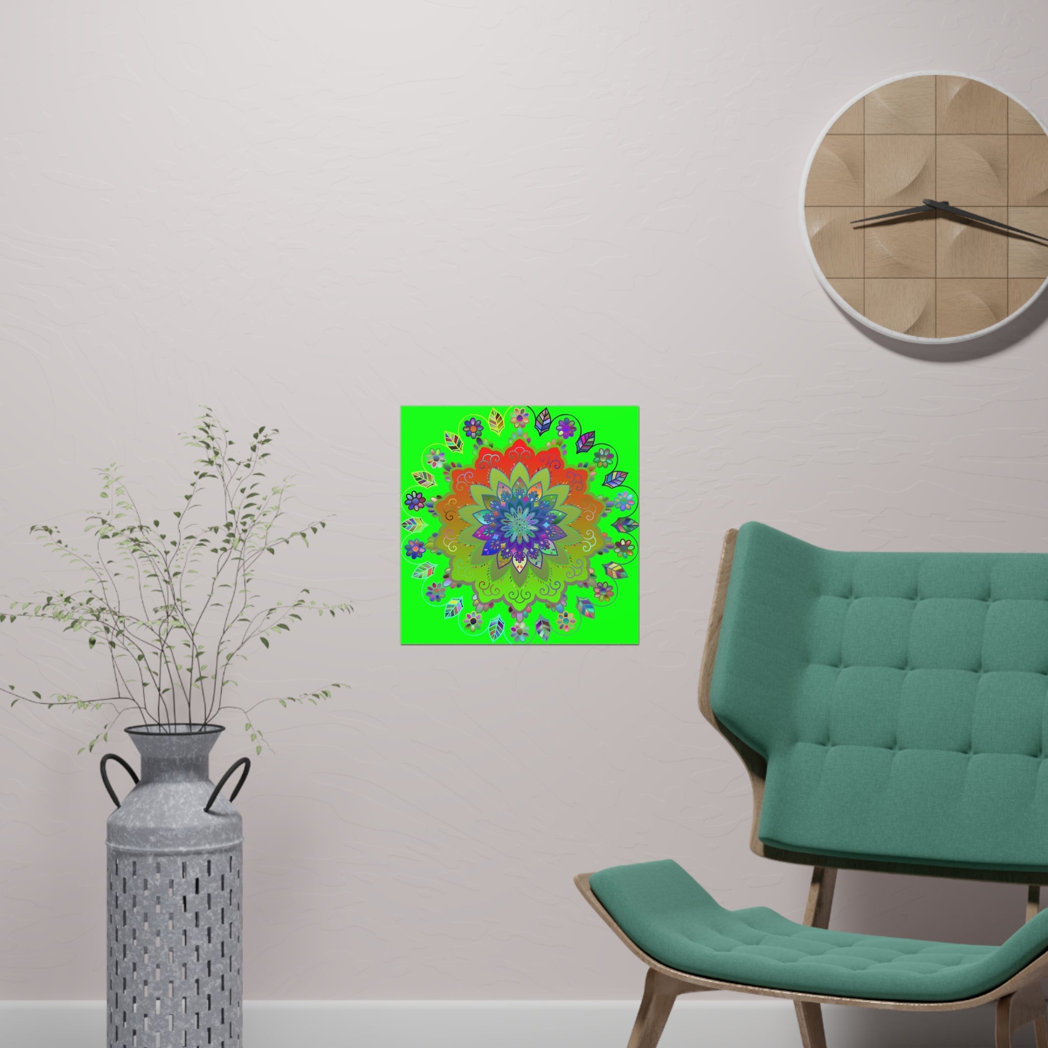 Square Matte Paper Poster Featuring Hand - Drawn Bright Mandala Art - Green - Blululi