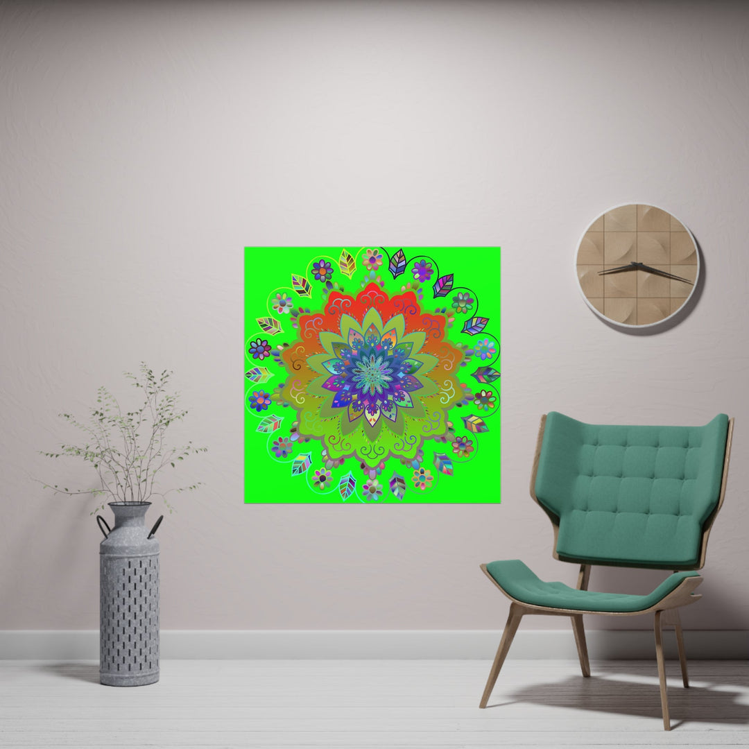 Square Matte Paper Poster Featuring Hand - Drawn Bright Mandala Art - Green - Blululi