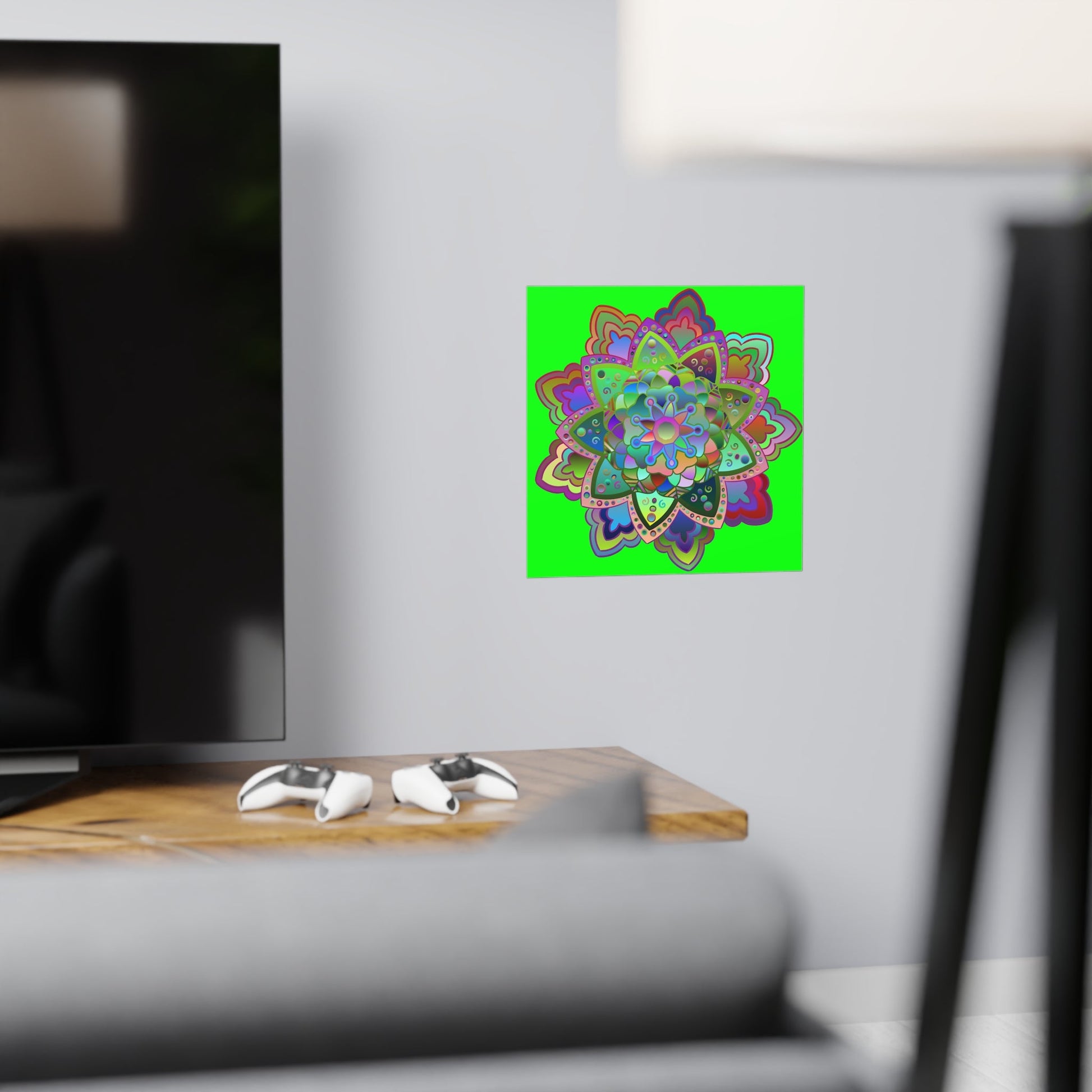 Square Matte Paper Poster Featuring Hand - Drawn Bright Mandala Art - Green - Blululi