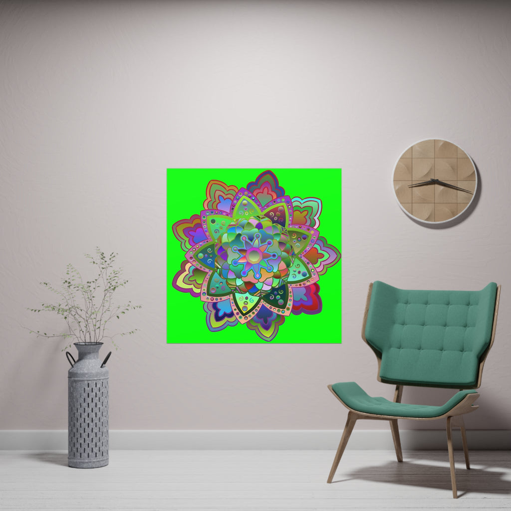 Square Matte Paper Poster Featuring Hand - Drawn Bright Mandala Art - Green - Blululi