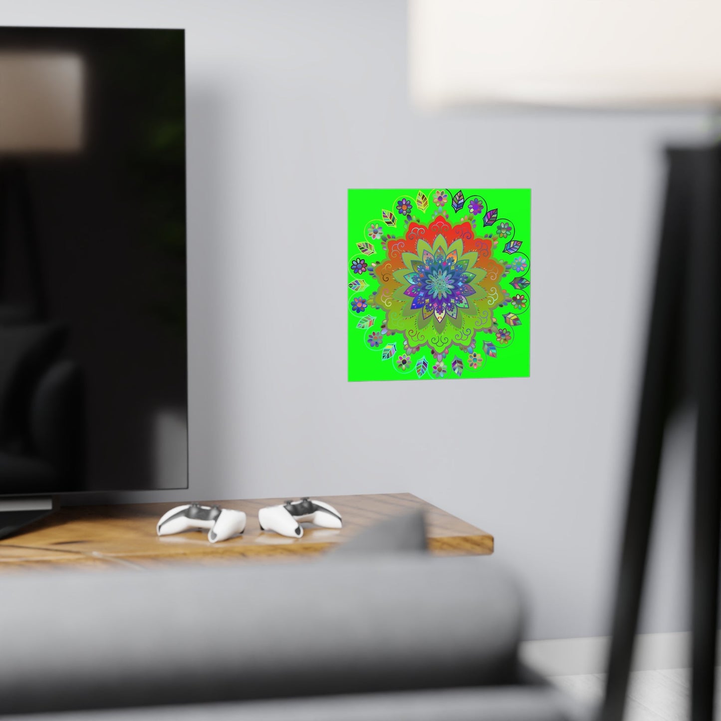 Square Matte Paper Poster Featuring Hand - Drawn Bright Mandala Art - Green - Blululi