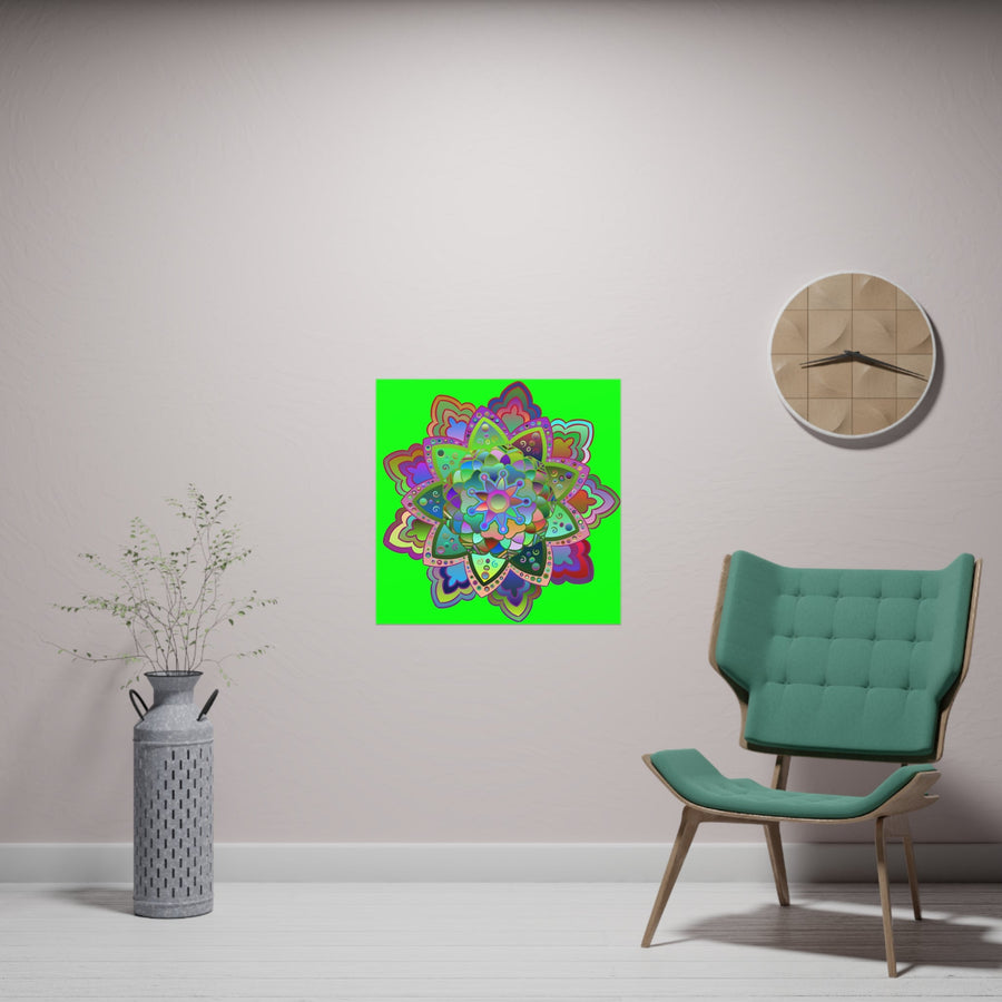 Square Matte Paper Poster Featuring Hand - Drawn Bright Mandala Art - Green - Blululi