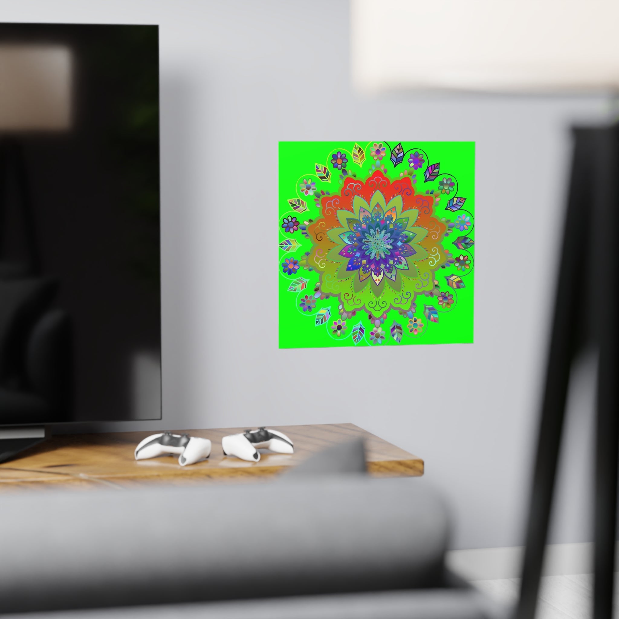 Square Matte Paper Poster Featuring Hand - Drawn Bright Mandala Art - Green - Blululi