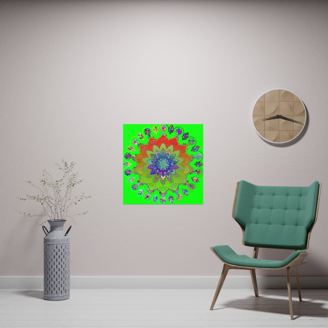 Square Matte Paper Poster Featuring Hand - Drawn Bright Mandala Art - Green - Blululi