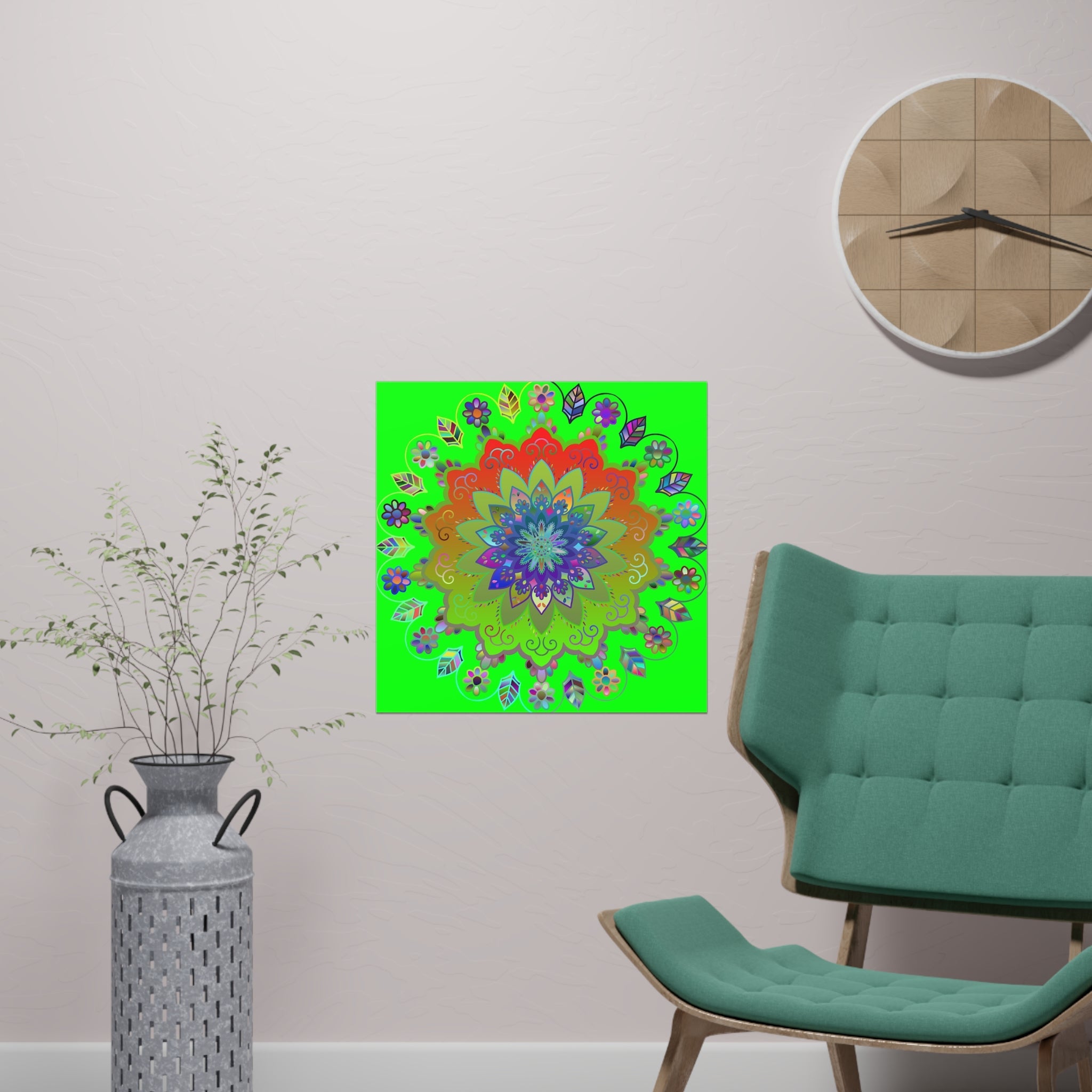 Square Matte Paper Poster Featuring Hand - Drawn Bright Mandala Art - Green - Blululi