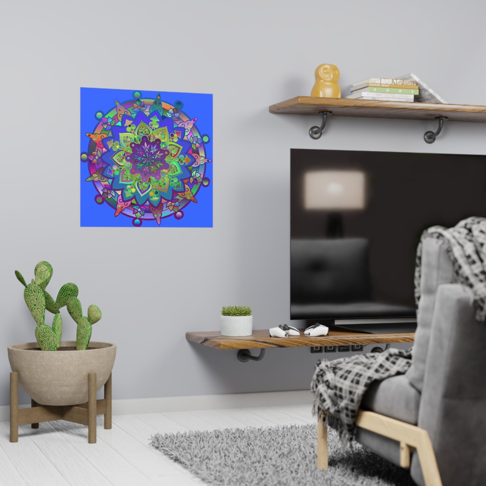 Square Matte Paper Poster Featuring Hand - Drawn Bright Mandala Art - Light Blue - Blululi