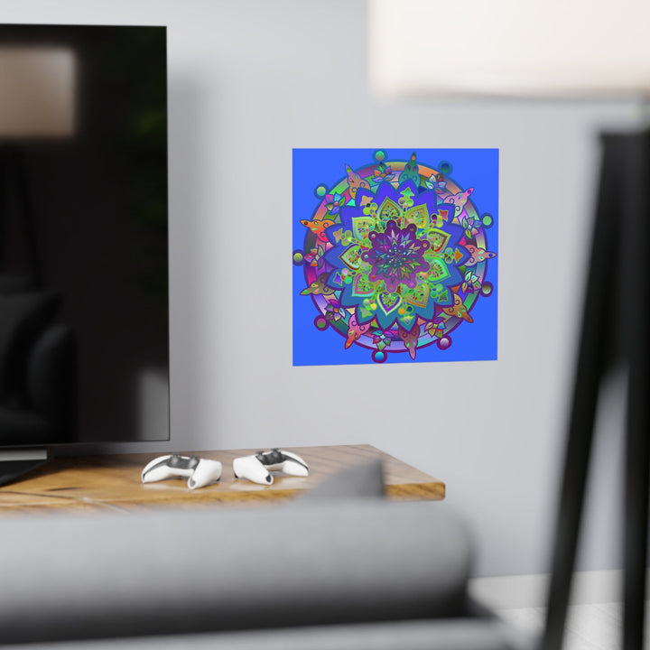 Square Matte Paper Poster Featuring Hand - Drawn Bright Mandala Art - Light Blue - Blululi