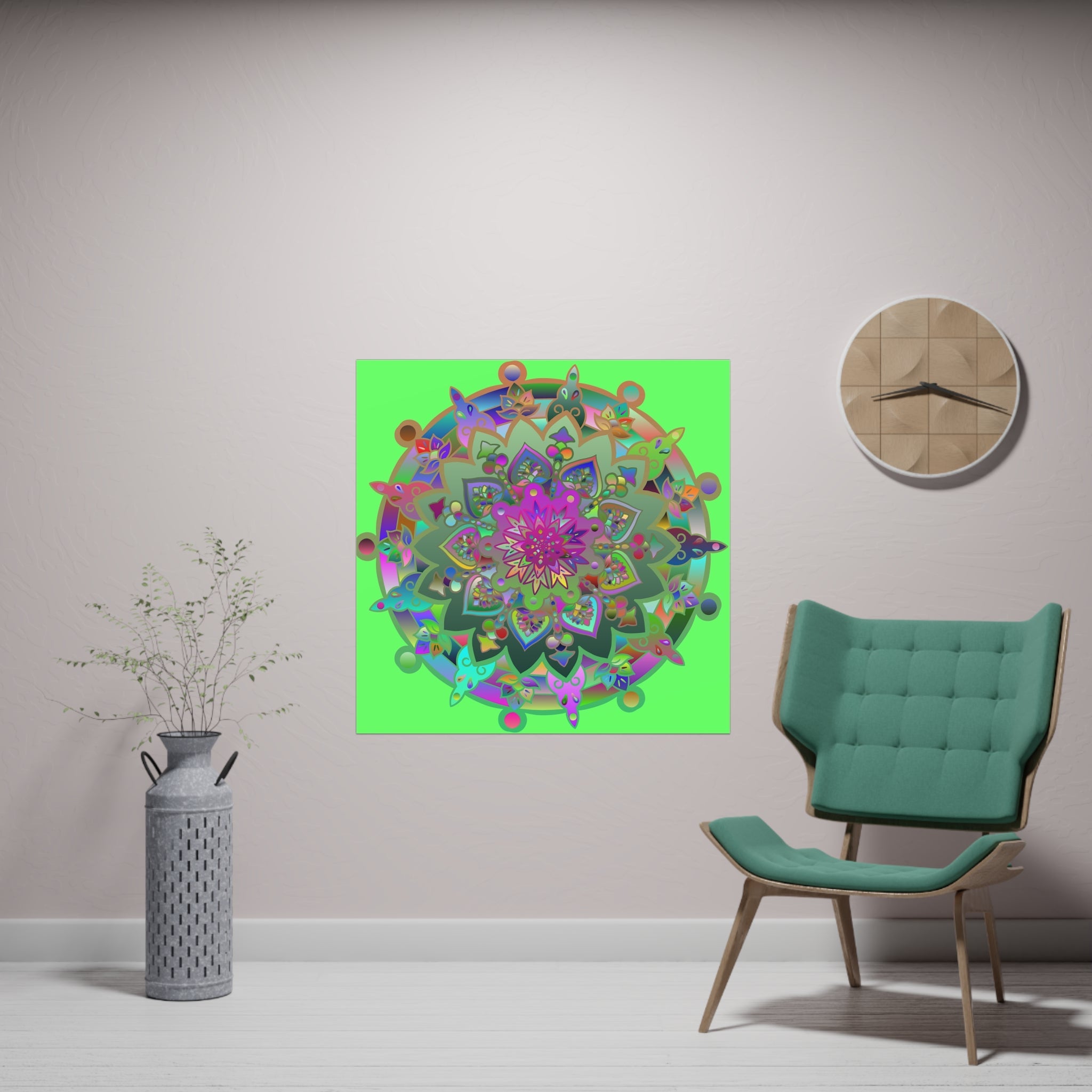 Square Matte Paper Poster Featuring Hand - Drawn Bright Mandala Art - Light Green - Blululi