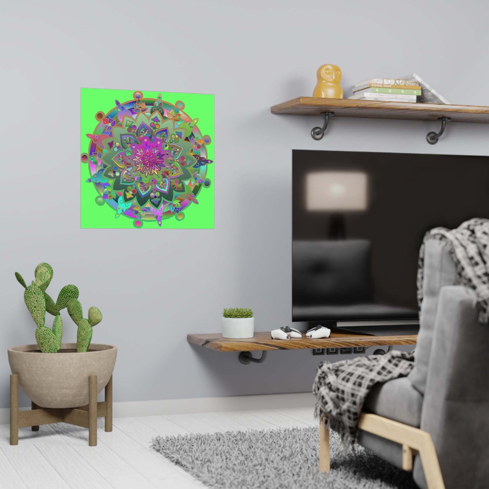 Square Matte Paper Poster Featuring Hand - Drawn Bright Mandala Art - Light Green - Blululi