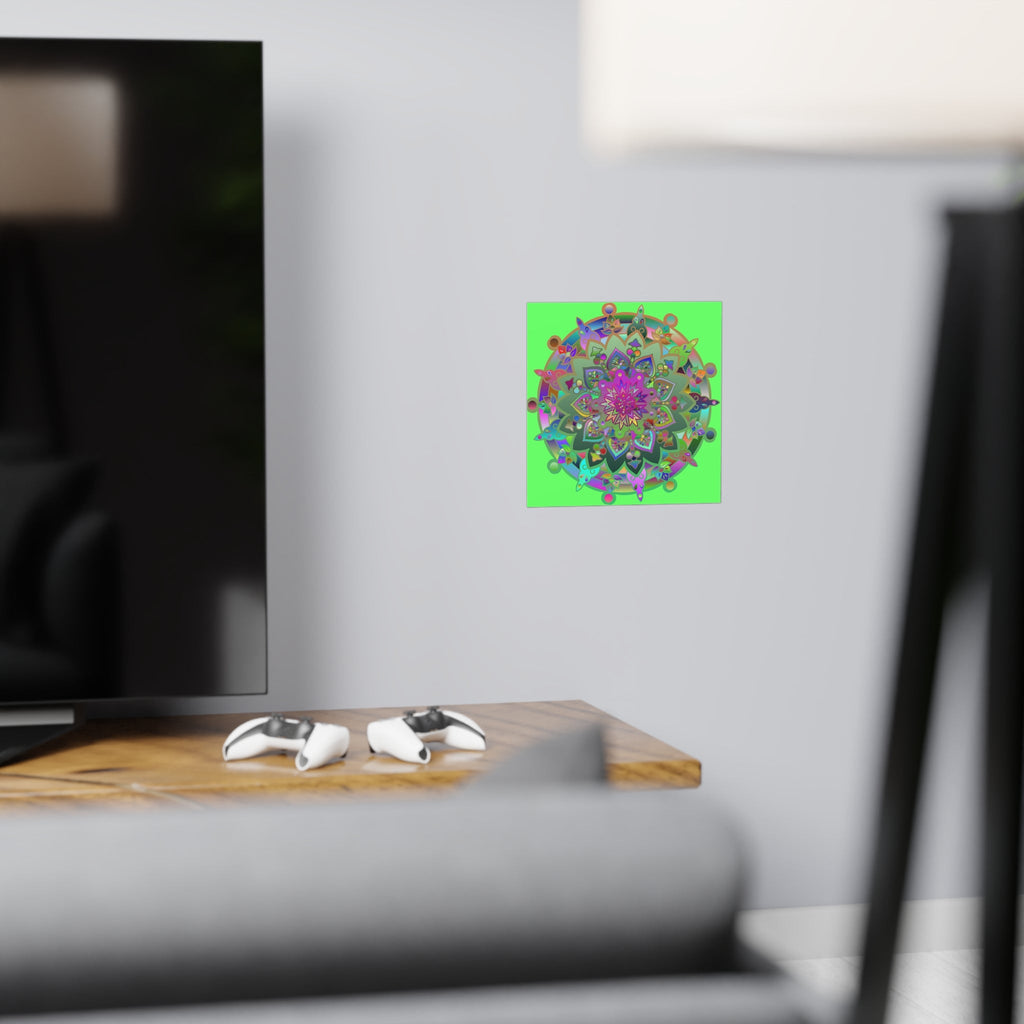 Square Matte Paper Poster Featuring Hand - Drawn Bright Mandala Art - Light Green - Blululi