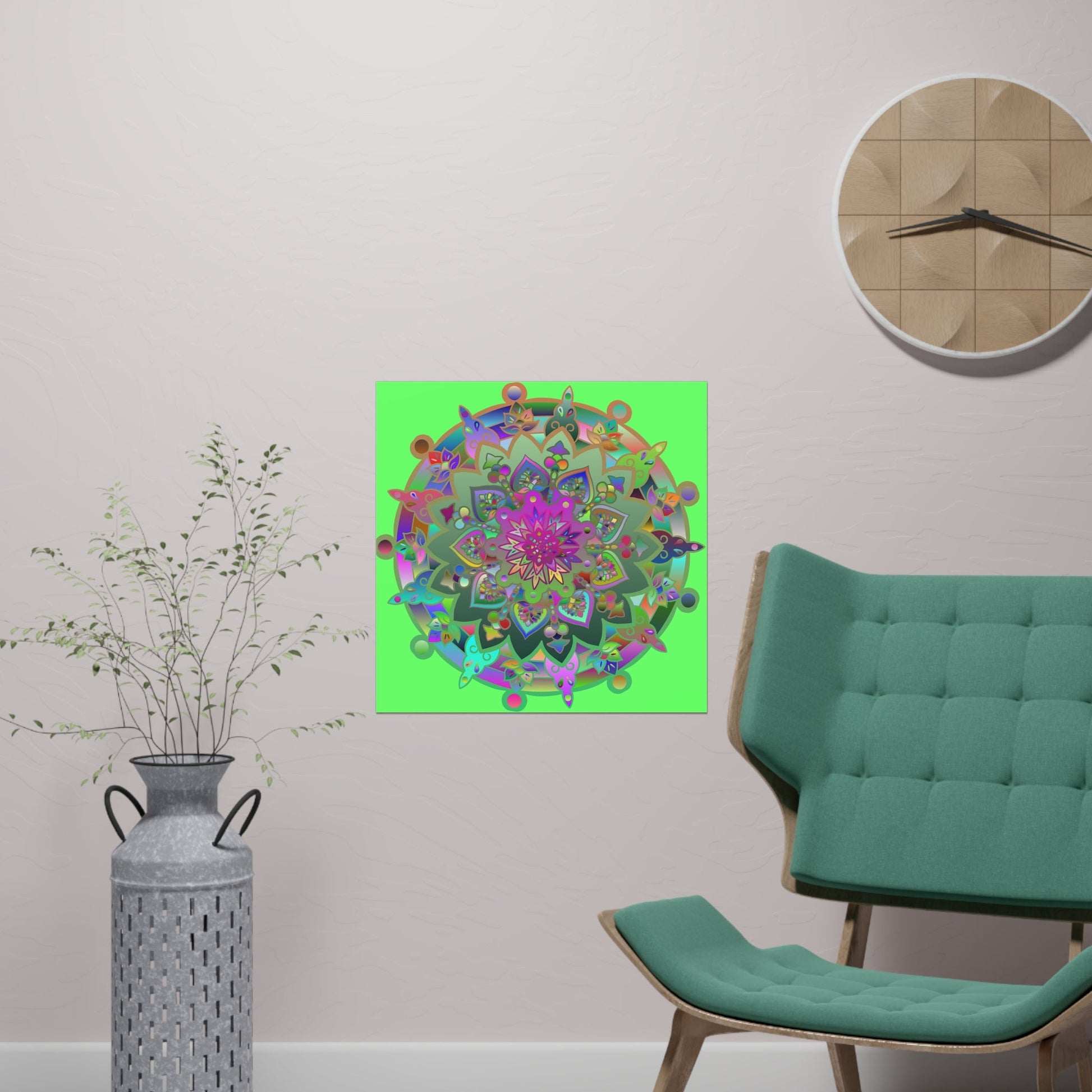 Square Matte Paper Poster Featuring Hand - Drawn Bright Mandala Art - Light Green - Blululi