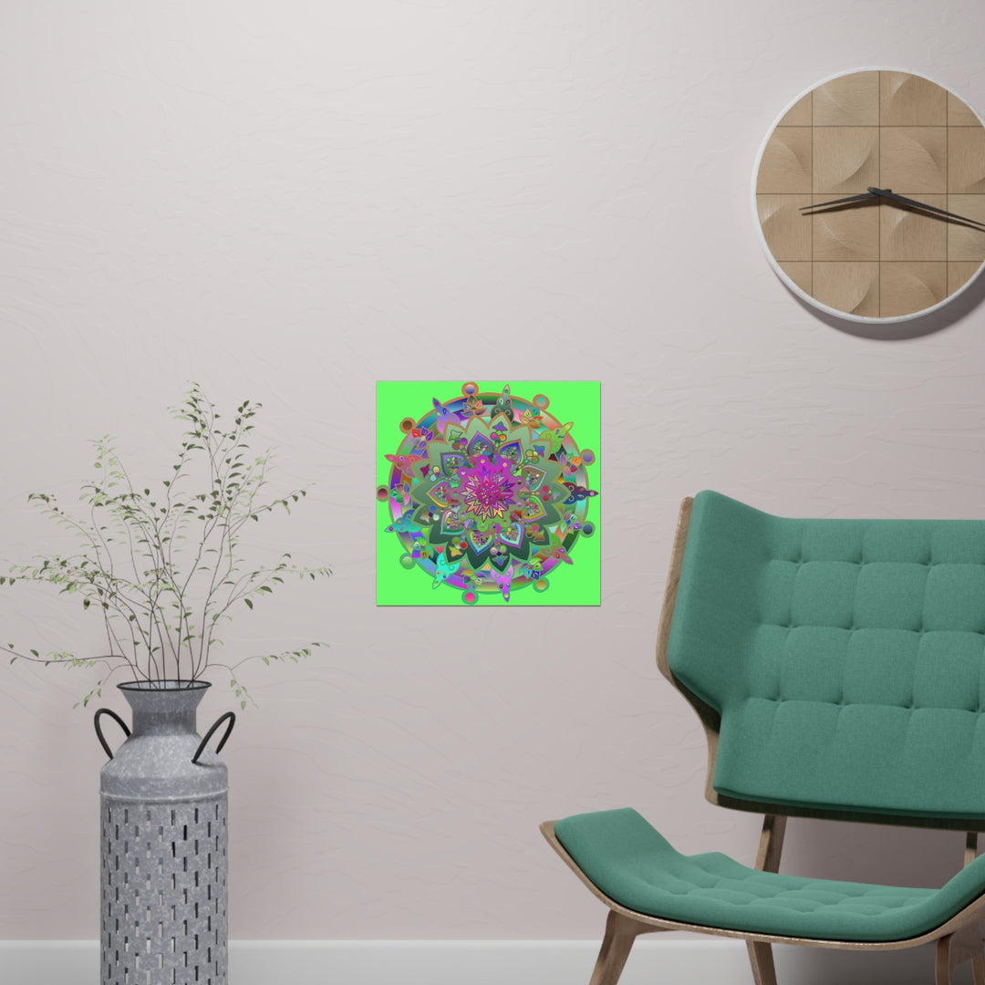 Square Matte Paper Poster Featuring Hand - Drawn Bright Mandala Art - Light Green - Blululi