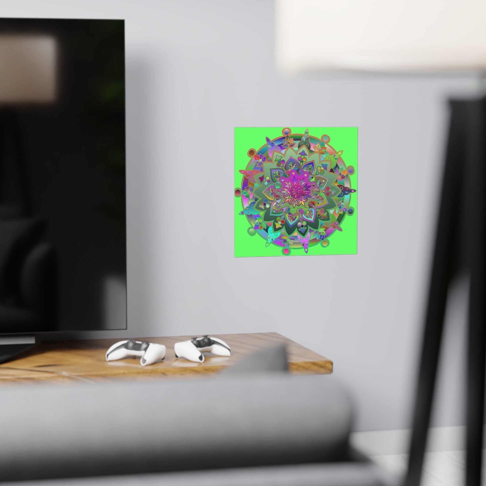 Square Matte Paper Poster Featuring Hand - Drawn Bright Mandala Art - Light Green - Blululi