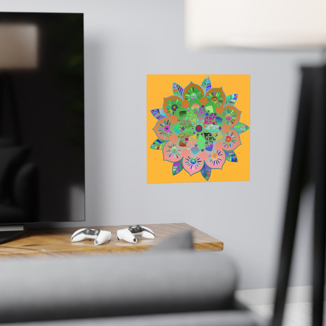 Square Matte Paper Poster Featuring Hand - Drawn Bright Mandala Art - Light Orange - Blululi