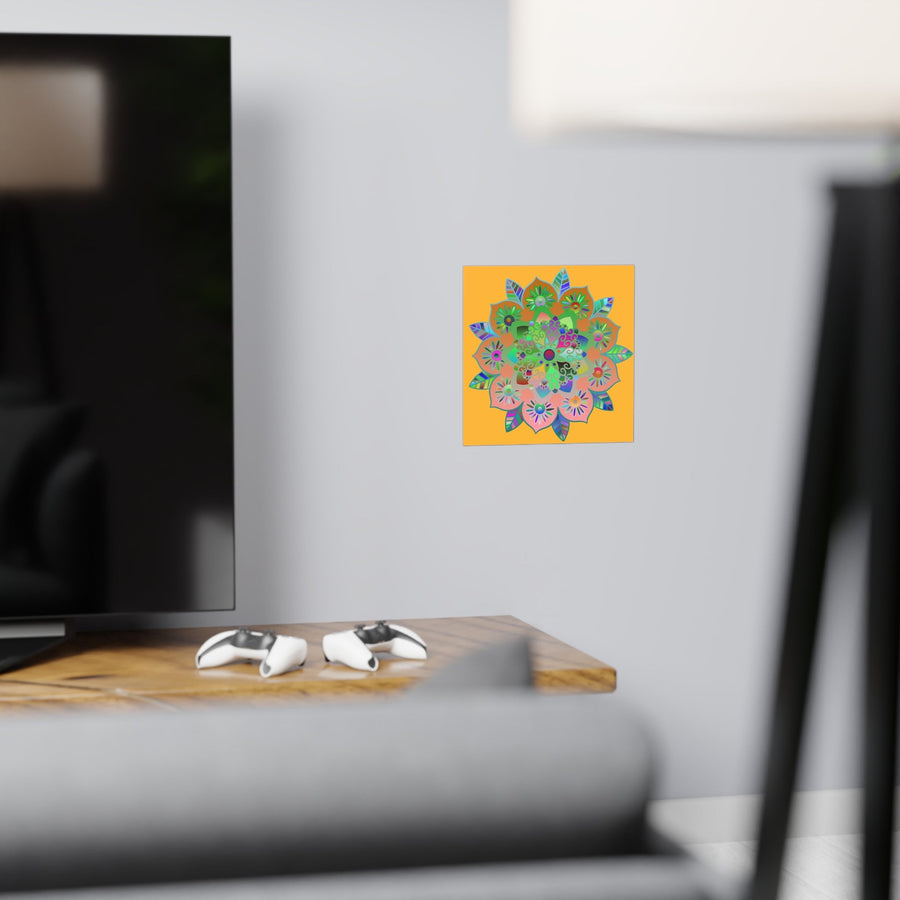 Square Matte Paper Poster Featuring Hand - Drawn Bright Mandala Art - Light Orange - Blululi