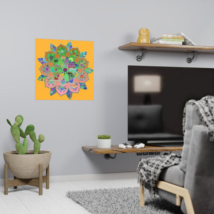 Square Matte Paper Poster Featuring Hand - Drawn Bright Mandala Art - Light Orange - Blululi