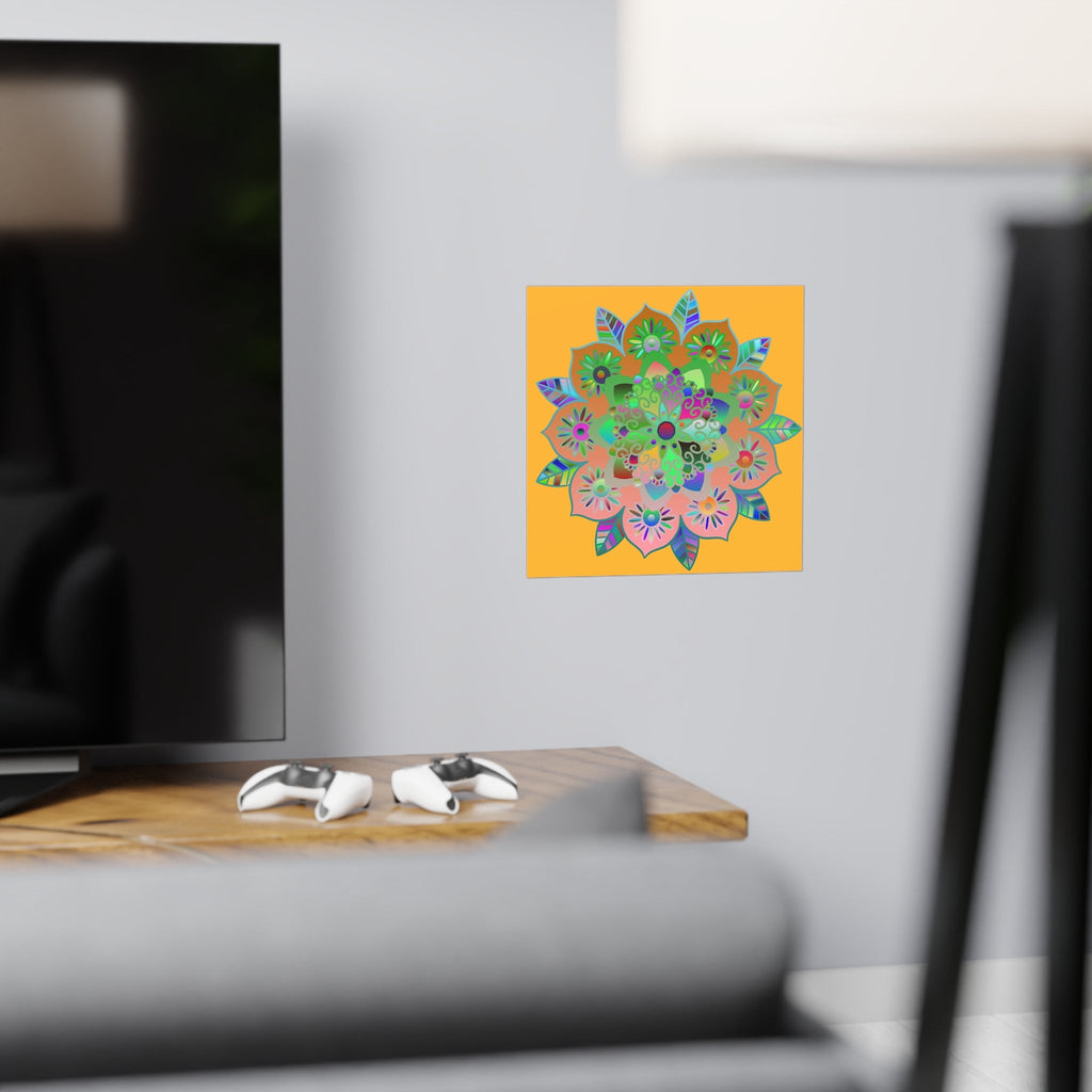 Square Matte Paper Poster Featuring Hand - Drawn Bright Mandala Art - Light Orange - Blululi