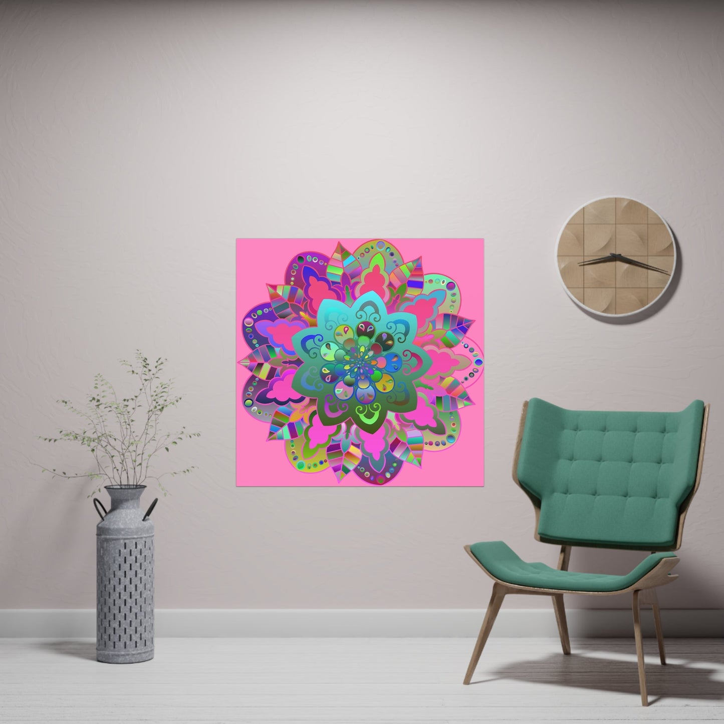 Square Matte Paper Poster Featuring Hand - Drawn Bright Mandala Art - Light Pink - Blululi