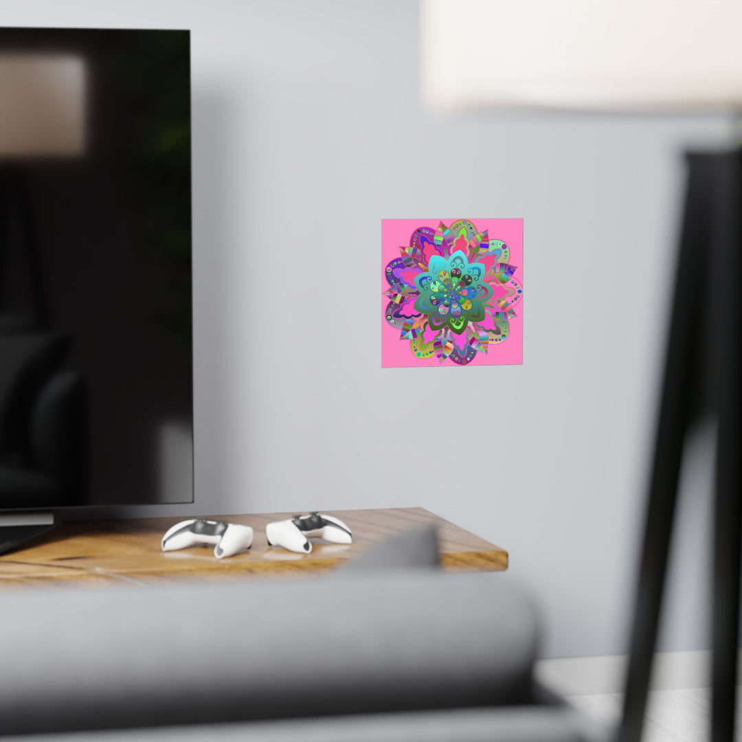 Square Matte Paper Poster Featuring Hand - Drawn Bright Mandala Art - Light Pink - Blululi