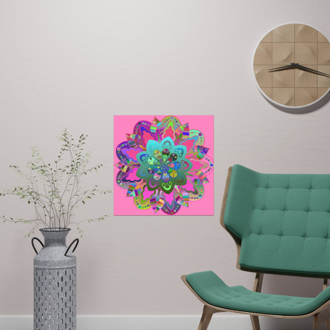 Square Matte Paper Poster Featuring Hand - Drawn Bright Mandala Art - Light Pink - Blululi