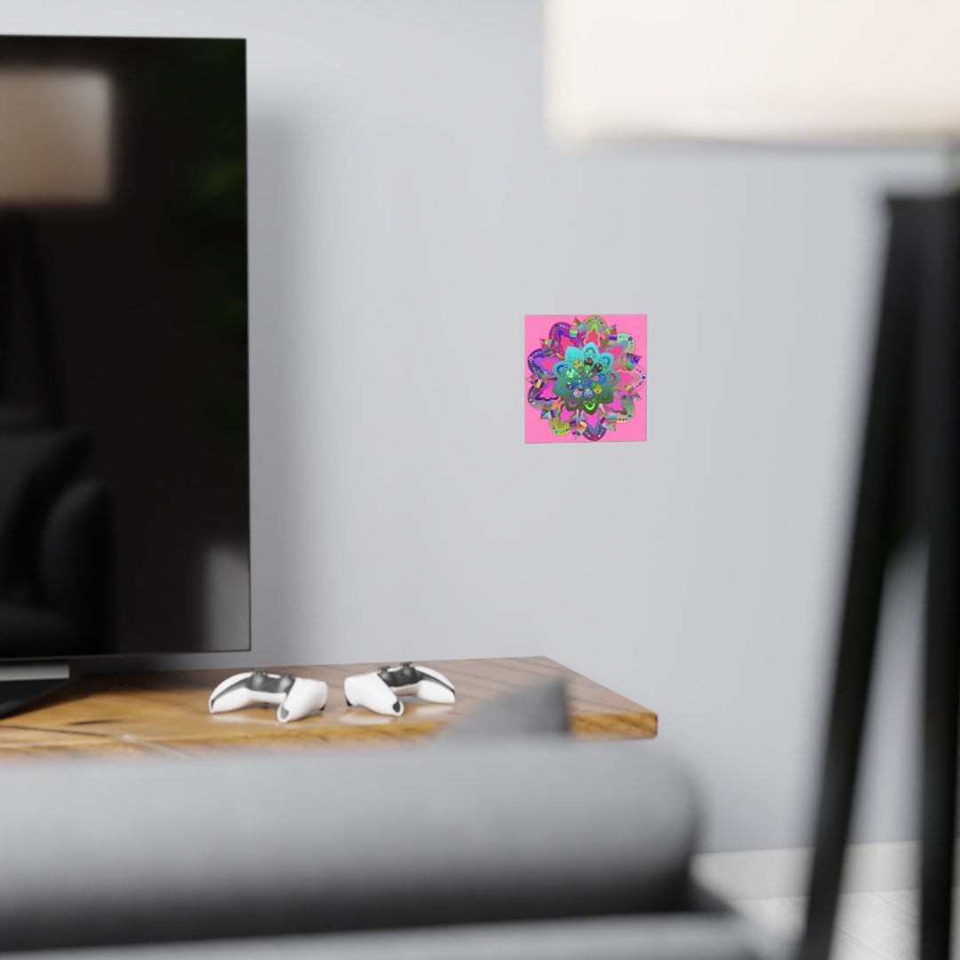 Square Matte Paper Poster Featuring Hand - Drawn Bright Mandala Art - Light Pink - Blululi