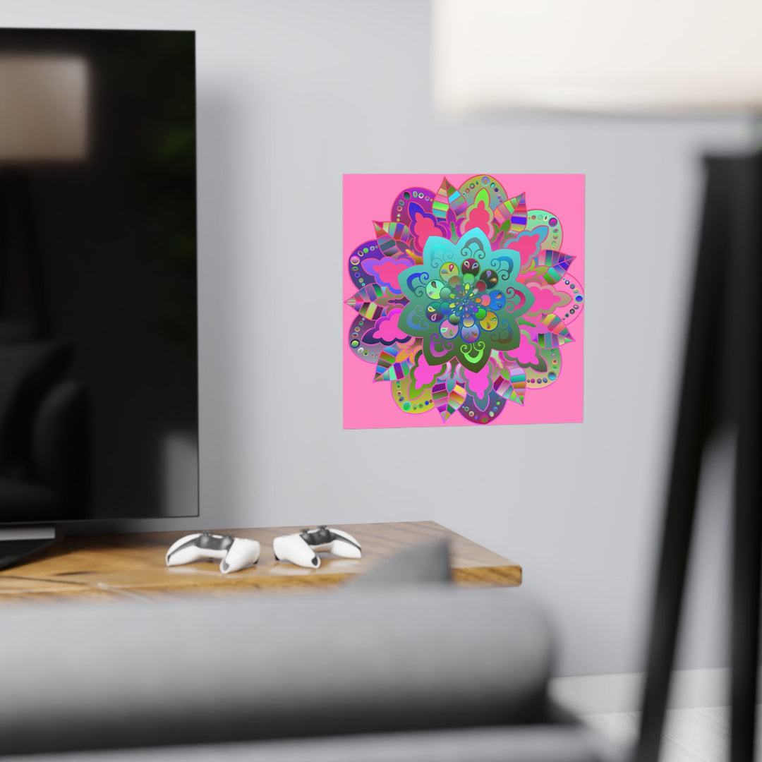 Square Matte Paper Poster Featuring Hand - Drawn Bright Mandala Art - Light Pink - Blululi