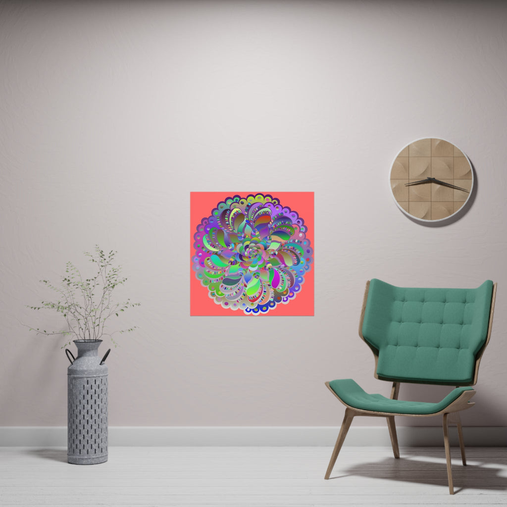 Square Matte Paper Poster Featuring Hand - Drawn Bright Mandala Art - Light Red - Blululi