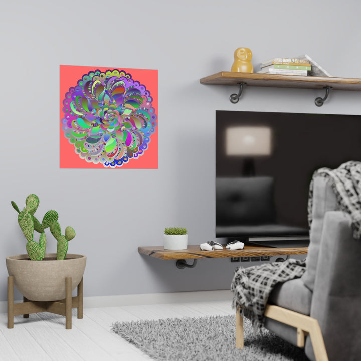 Square Matte Paper Poster Featuring Hand - Drawn Bright Mandala Art - Light Red - Blululi