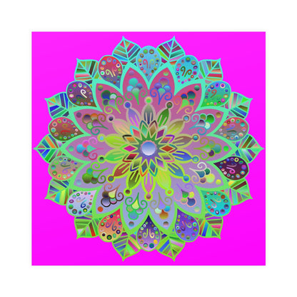 Square Matte Paper Poster Featuring Hand - Drawn Bright Mandala Art - Magenta - Blululi