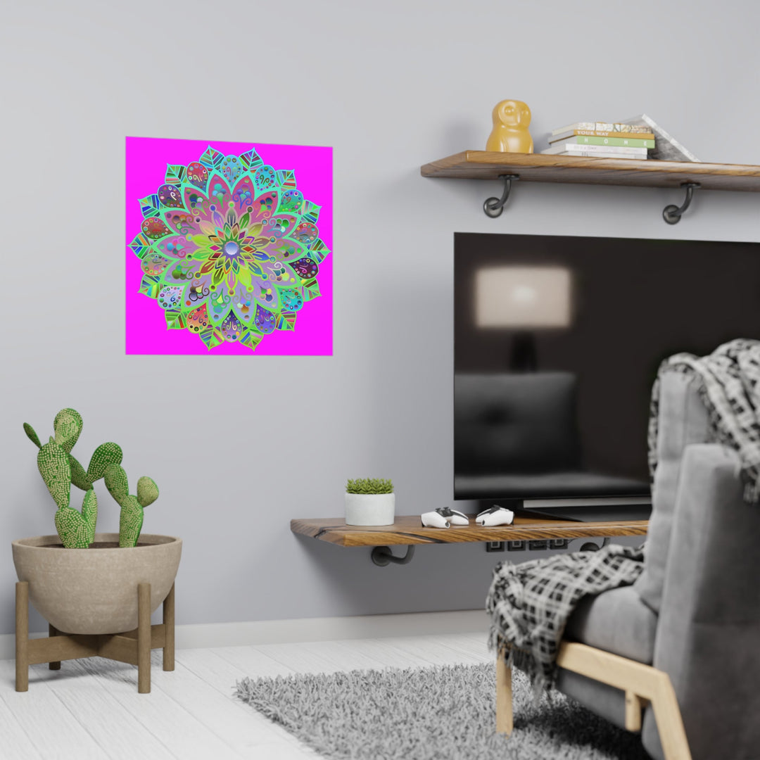 Square Matte Paper Poster Featuring Hand - Drawn Bright Mandala Art - Magenta - Blululi