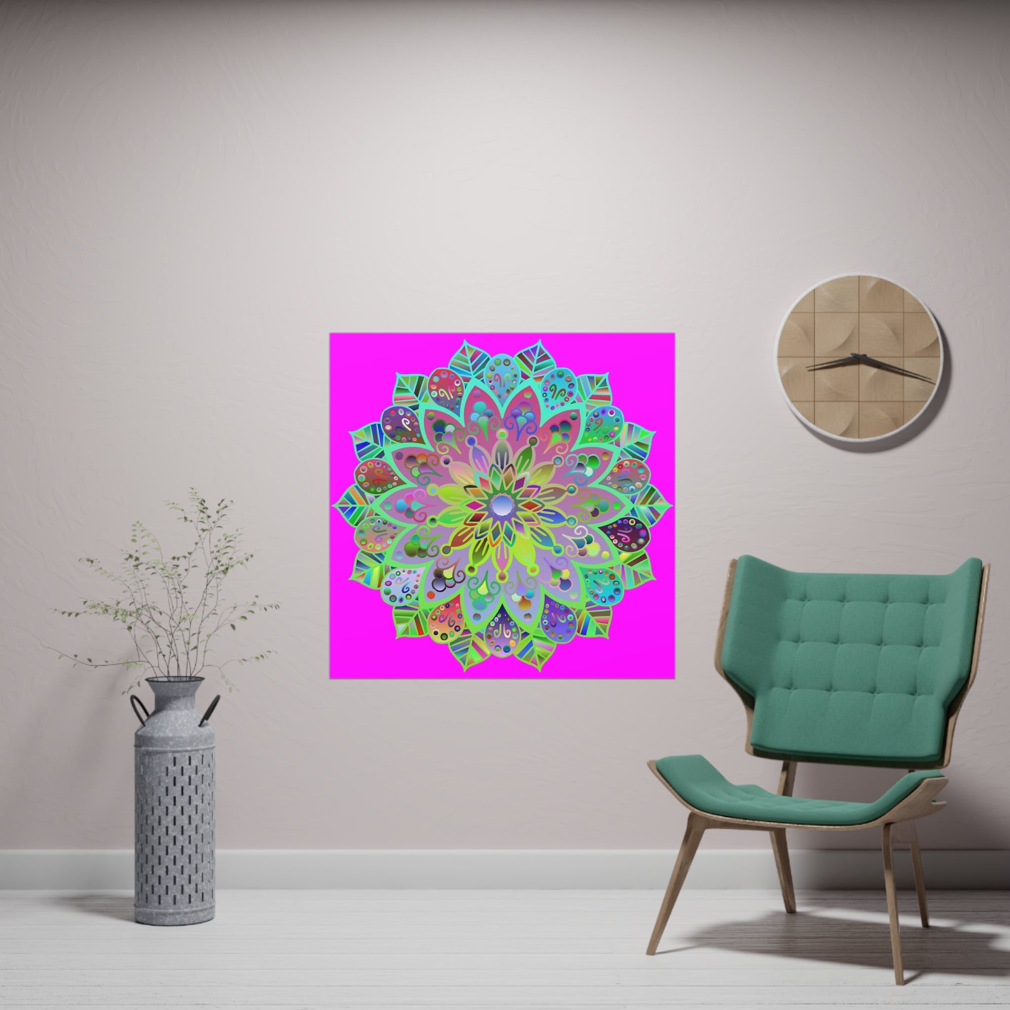 Square Matte Paper Poster Featuring Hand - Drawn Bright Mandala Art - Magenta - Blululi