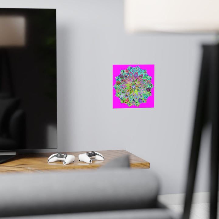 Square Matte Paper Poster Featuring Hand - Drawn Bright Mandala Art - Magenta - Blululi