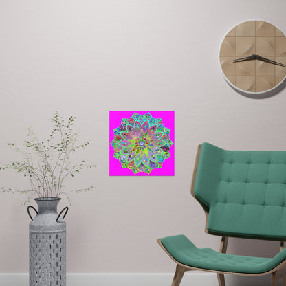 Square Matte Paper Poster Featuring Hand - Drawn Bright Mandala Art - Magenta - Blululi