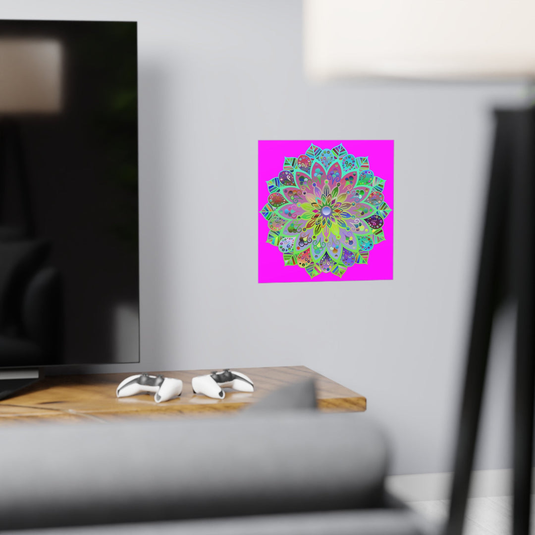 Square Matte Paper Poster Featuring Hand - Drawn Bright Mandala Art - Magenta - Blululi