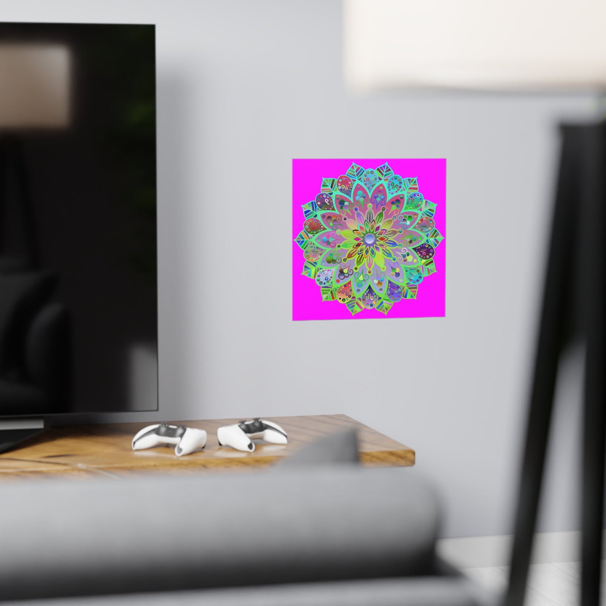 Square Matte Paper Poster Featuring Hand - Drawn Bright Mandala Art - Magenta - Blululi