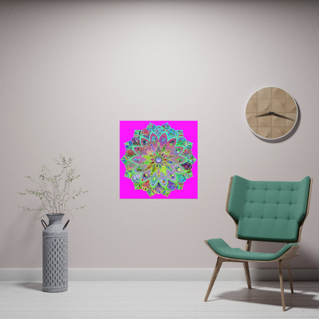 Square Matte Paper Poster Featuring Hand - Drawn Bright Mandala Art - Magenta - Blululi