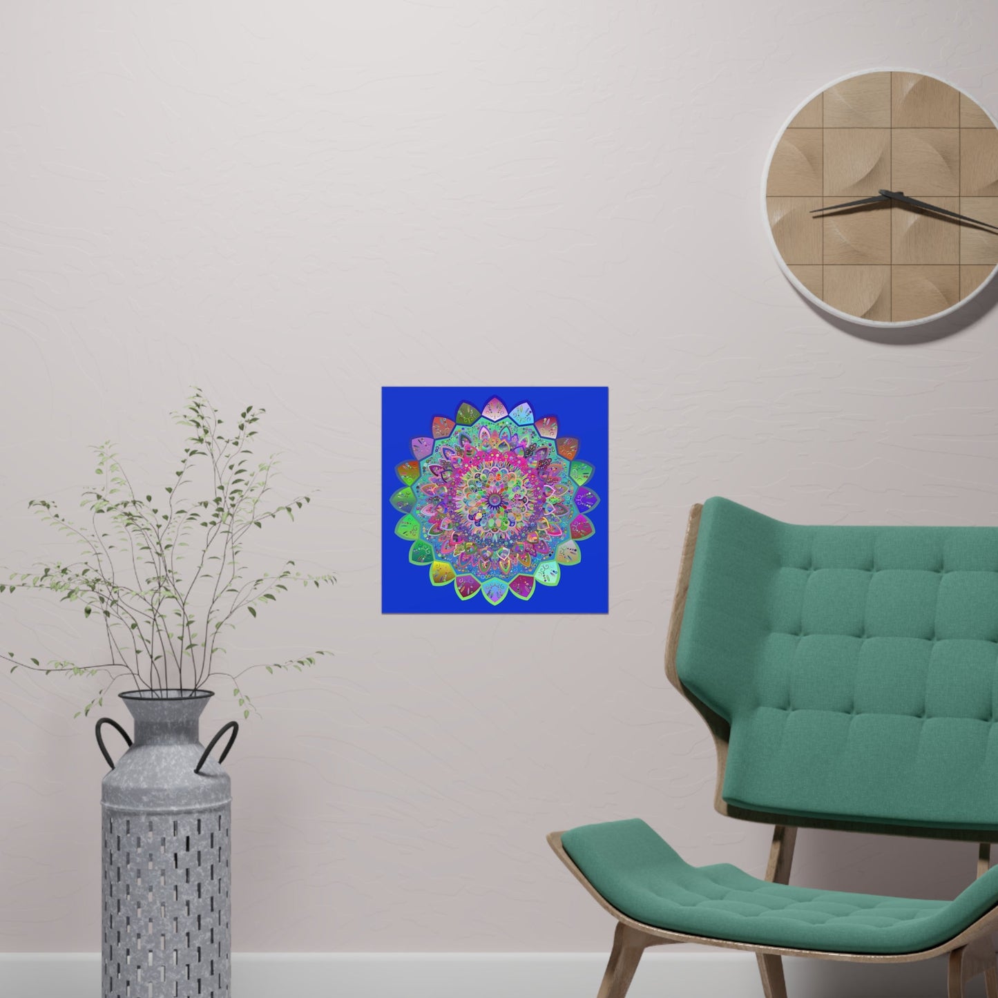 Square Matte Paper Poster Featuring Hand - Drawn Bright Mandala Art - Medium Blue - Blululi