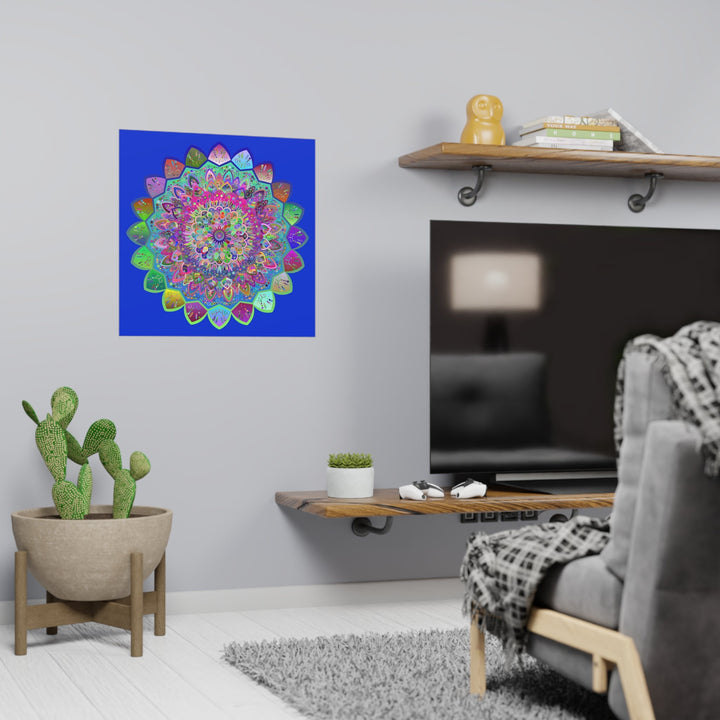 Square Matte Paper Poster Featuring Hand - Drawn Bright Mandala Art - Medium Blue - Blululi