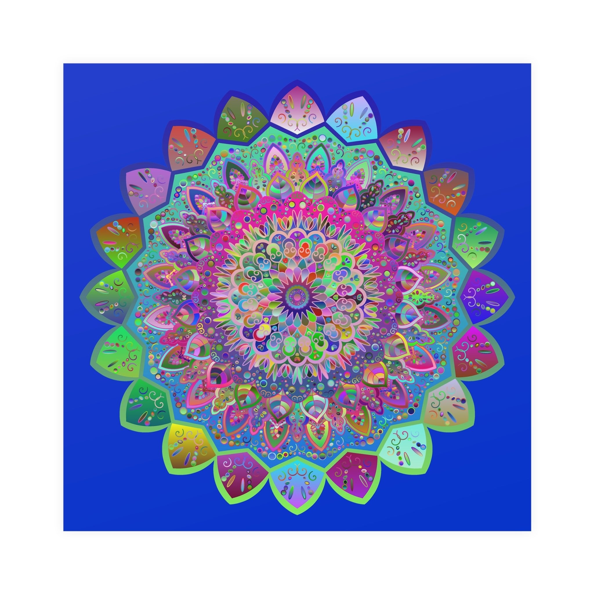 Square Matte Paper Poster Featuring Hand - Drawn Bright Mandala Art - Medium Blue - Blululi