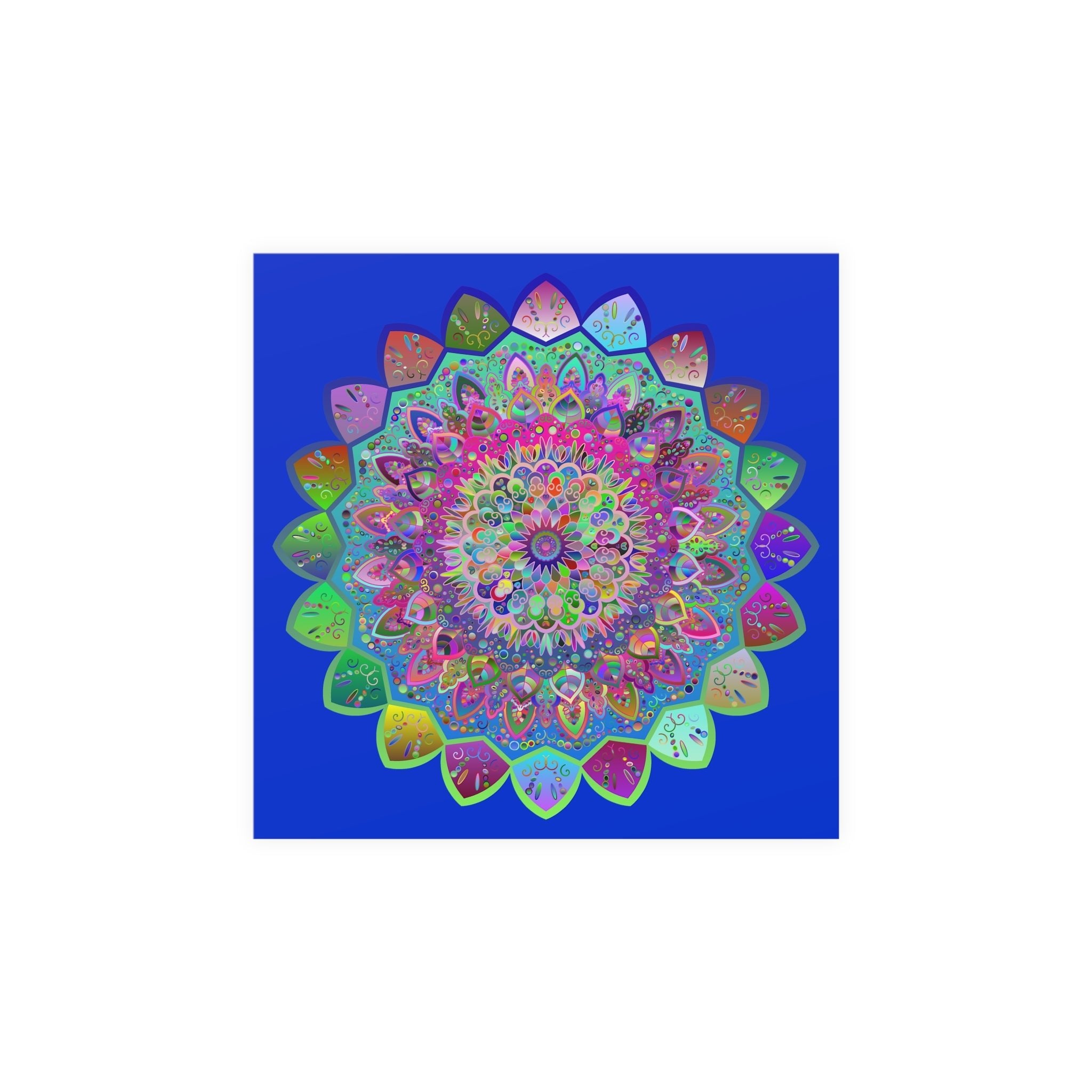 Square Matte Paper Poster Featuring Hand - Drawn Bright Mandala Art - Medium Blue - Blululi