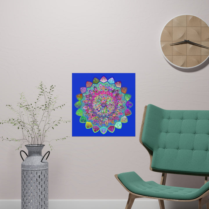 Square Matte Paper Poster Featuring Hand - Drawn Bright Mandala Art - Medium Blue - Blululi