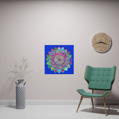 Square Matte Paper Poster Featuring Hand - Drawn Bright Mandala Art - Medium Blue - Blululi