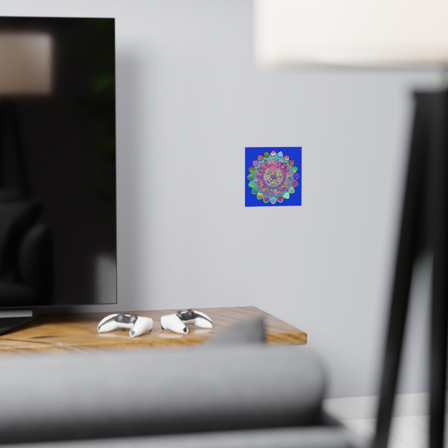 Square Matte Paper Poster Featuring Hand - Drawn Bright Mandala Art - Medium Blue - Blululi