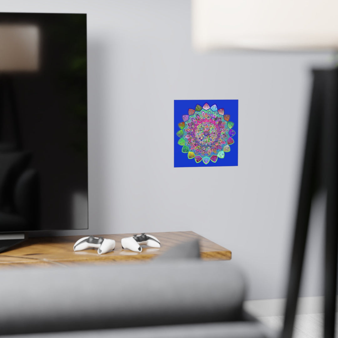 Square Matte Paper Poster Featuring Hand - Drawn Bright Mandala Art - Medium Blue - Blululi