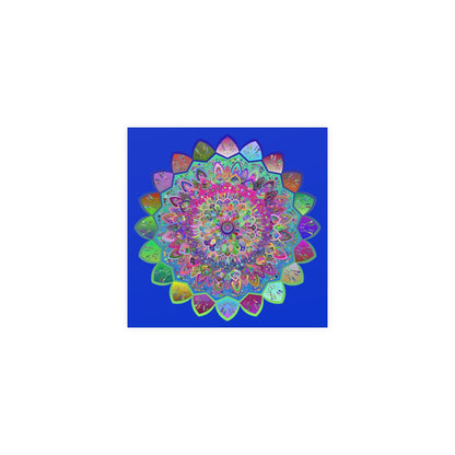 Square Matte Paper Poster Featuring Hand - Drawn Bright Mandala Art - Medium Blue - Blululi