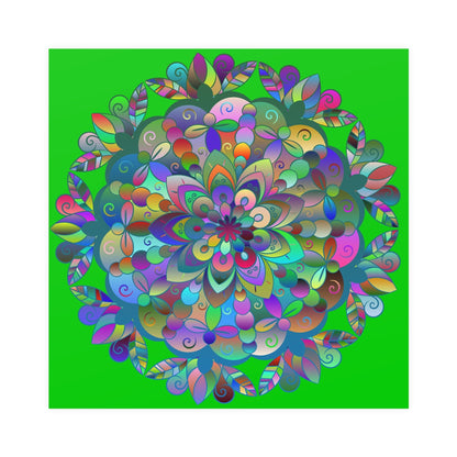 Square Matte Paper Poster Featuring Hand - Drawn Bright Mandala Art - Medium Green - Blululi