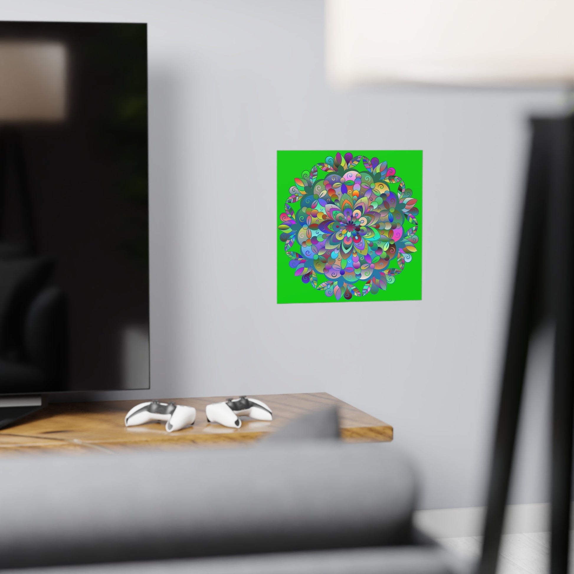 Square Matte Paper Poster Featuring Hand - Drawn Bright Mandala Art - Medium Green - Blululi